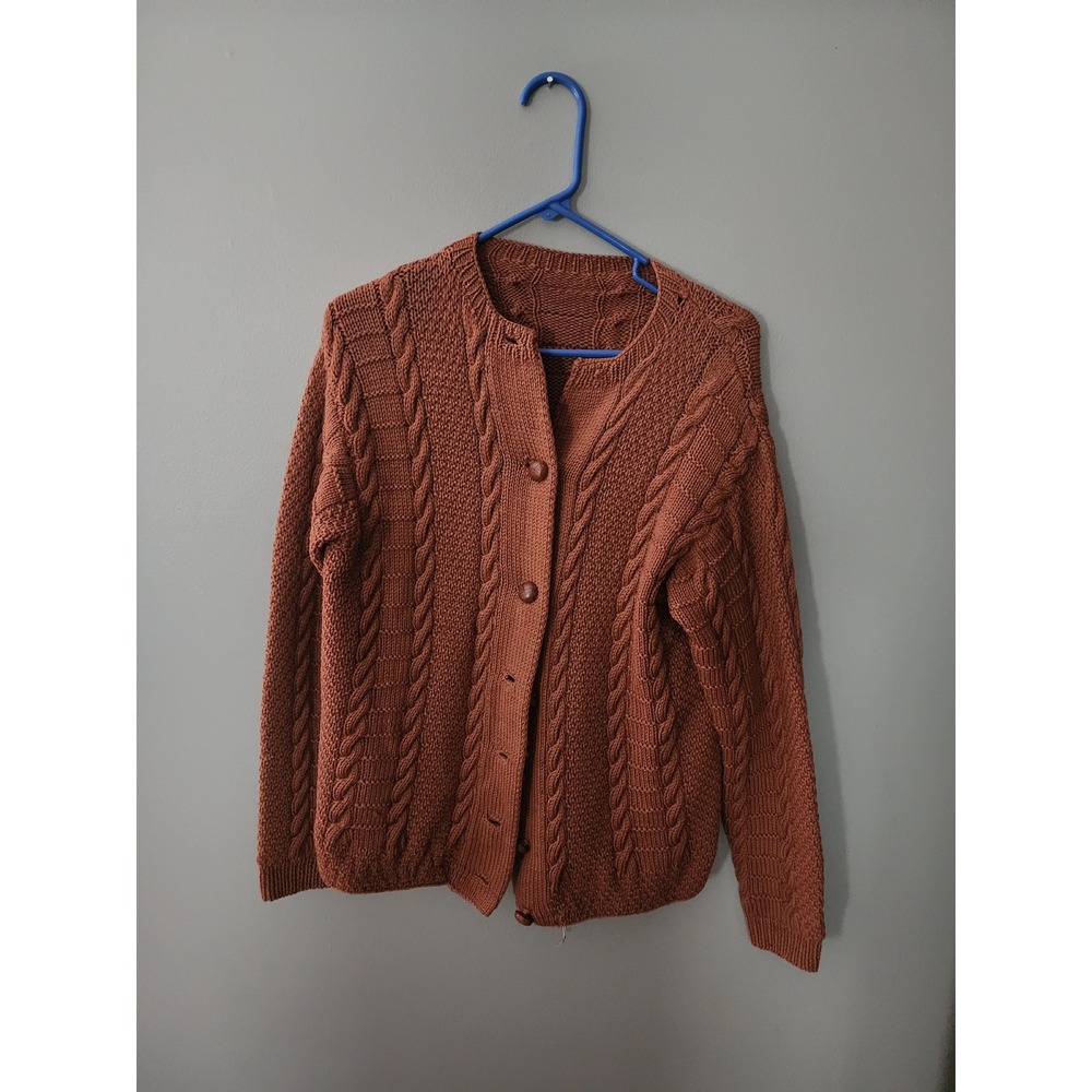 Vintage Handmade Cable Knit Cardigan Sweater Rust Brown Mens 20 Pit to Pit